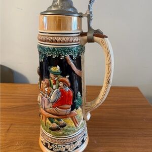 Traditional Decorative Ceramic Beer Stein - Cream, Black, Multi